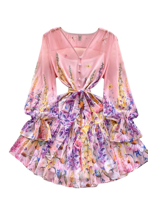 Puffy Sleeve V-neck Floral Chiffon Dress