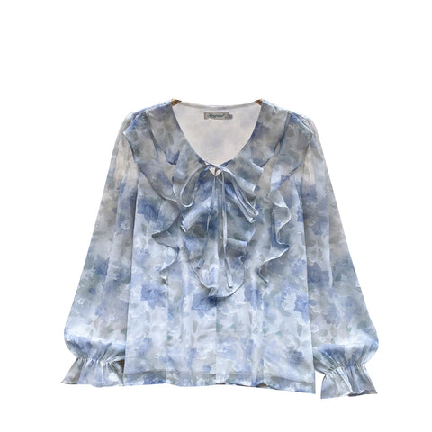 French Style Ruffled Floral Chiffon Shirt