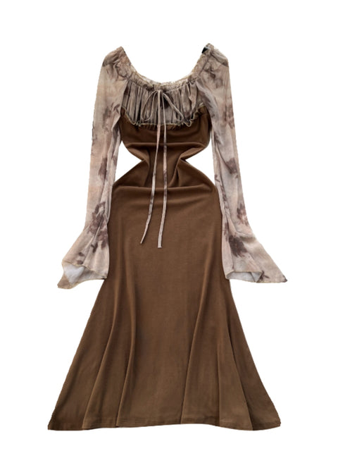 Mesh Patchwork Fishtail Brown Dress