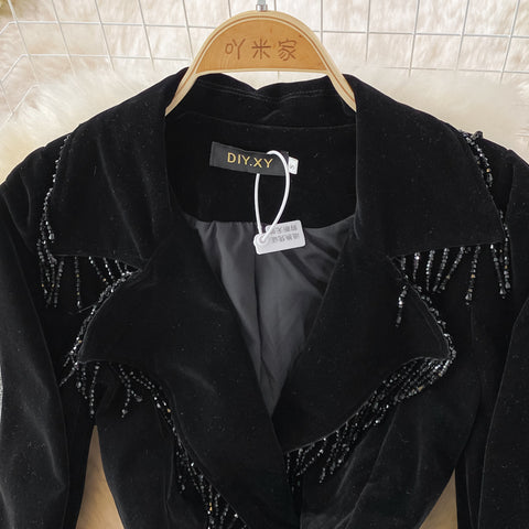 Puffy Sleeve Pleated Black Velvet Dress