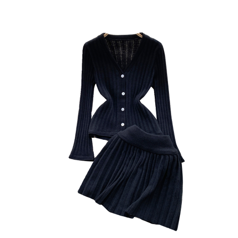 V-neck Cardigan&Pleated Skirt Knitted 2Pcs