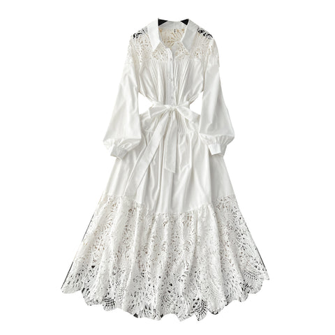 Ruffle Hollowed Lace Patchwork Dress