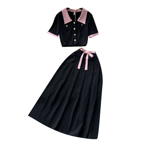 Cutie Lapel Shirt&Pleated Skirt 2Pcs