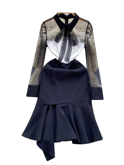 Lace Patchwork Bow-tie Black Dress
