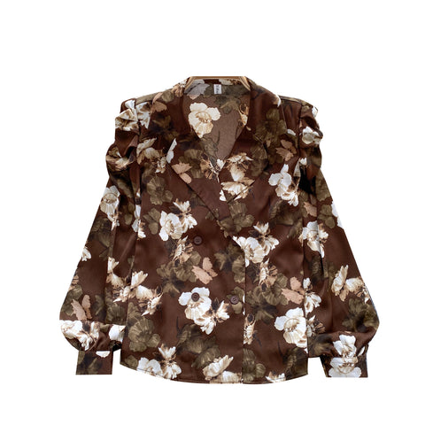 French Style Pleated Floral Chiffon Shirt