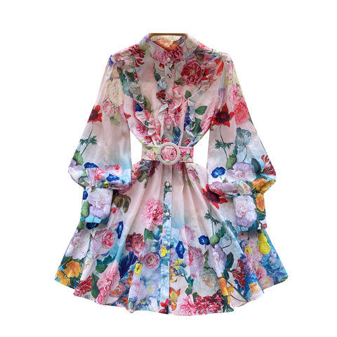 Vintage Ruffled Floral Shirt Dress