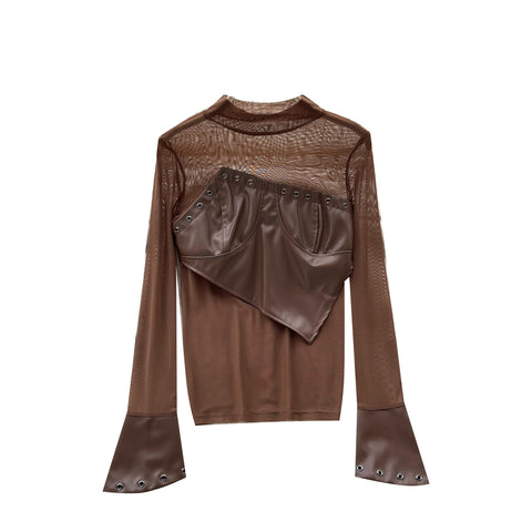 Mesh Leather Patchwork See-through Top