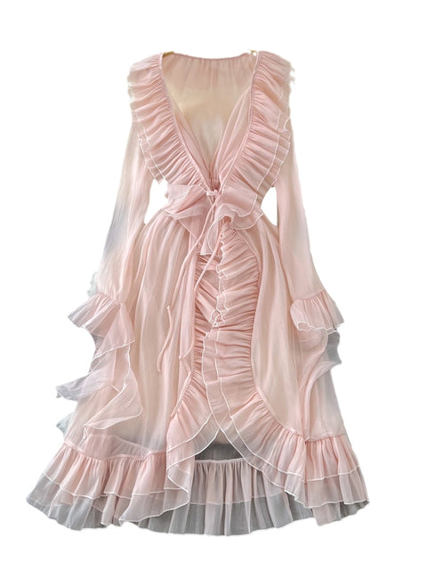 Fairy Deep V-neck Ruffled Mesh Dress