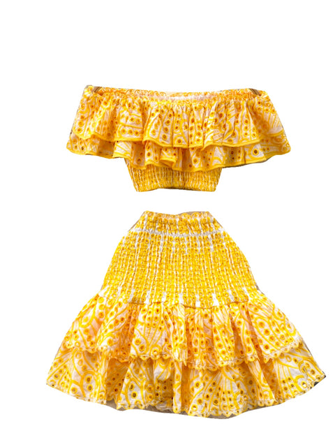 Ruffled Top&Skirt Hollowed Embroidered 2Pcs