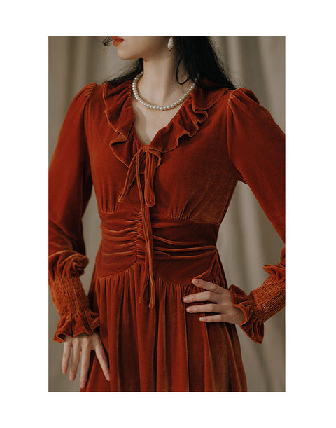 Ruffled V-Neck Red Suede Dress