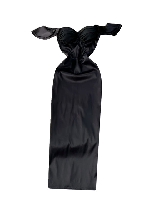 Off-shoulder Black Satin Party Dress