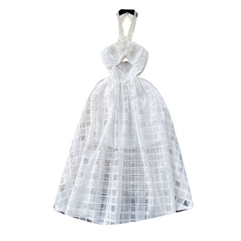 Hollowed Plaid White Halter Dress