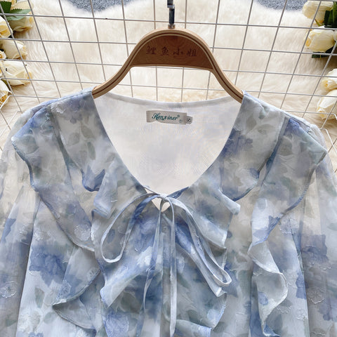 French Style Ruffled Floral Chiffon Shirt