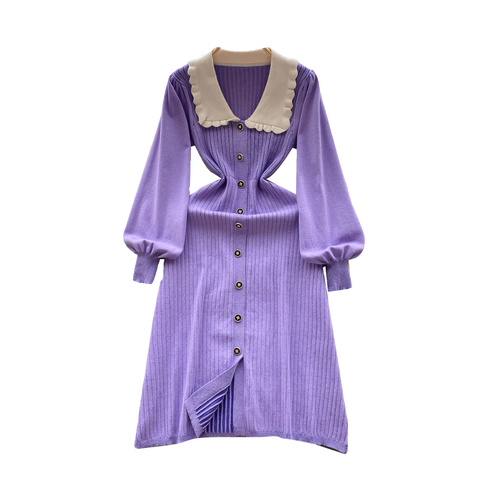 Doll Collar Single-breasted Knitted Dress