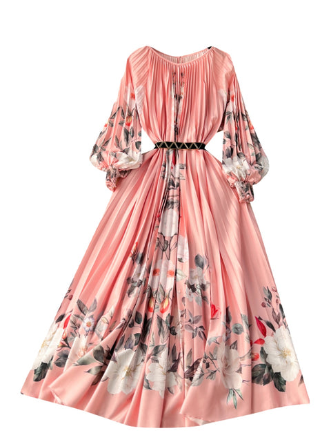 Vintage Floral Printed Pleated Dress