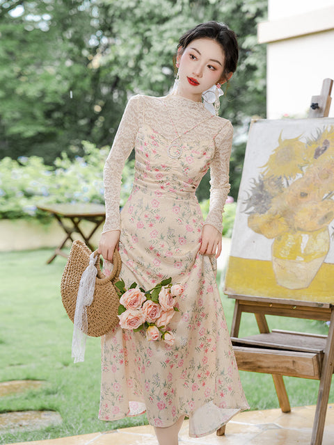 Lace Top&Floral Slip Dress 2Pcs