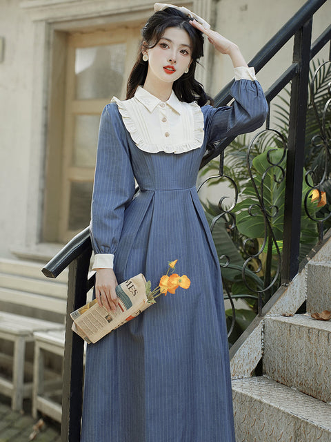 Doll Collar Patchwork Long-Sleeve Dress