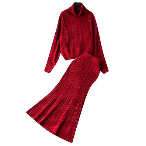 Twist-knitted Sweater&Fishtail Skirt 2Pcs