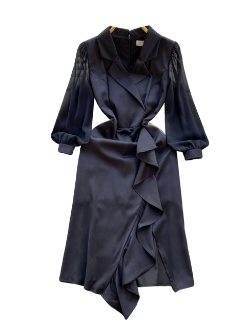 Suit Collar Ruffled Black Dress