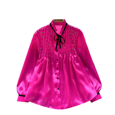 Beaded Pleated Loose-fitting Blouse