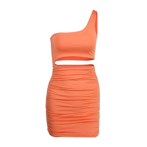 One-shoulder Solid Color Hollowed Dress