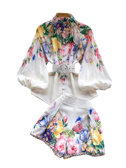 Courtly Floral Printed Shirt&Shorts 2Pcs