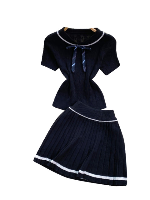 Doll-collar Knitwear&Pleated Skirt 2Pcs