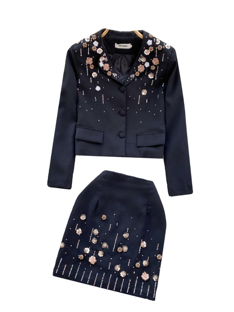 Embroidered Sequined Blazer&Skirt OL 2Pcs