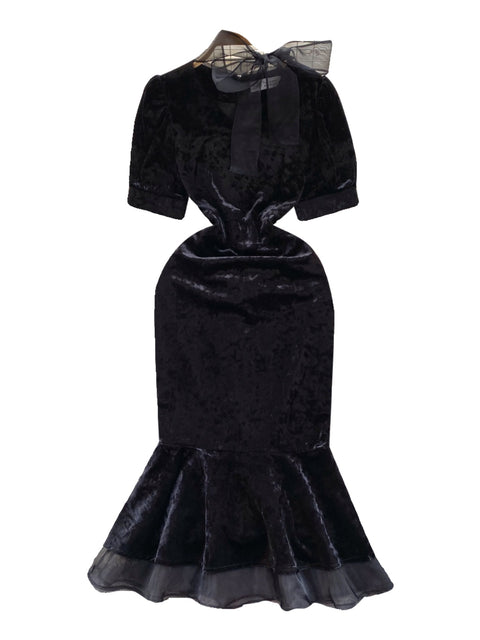 Mesh Bow-tie Black Velvet Dress