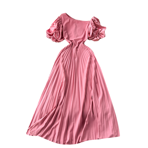 Fairy Pink Slant Neckline Pleated Dress