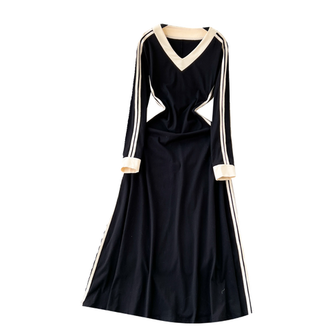 Color Blocking V-neck Striped Knitted Dress