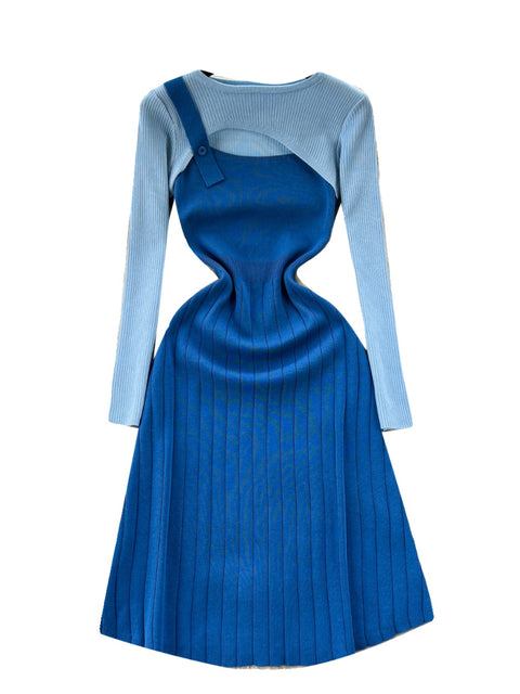 Faux Two-pieces Color Blocking Knitted Dress