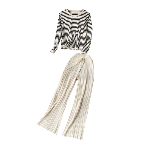 Striped Sweater&Draped Trousers Knitted 2Pcs