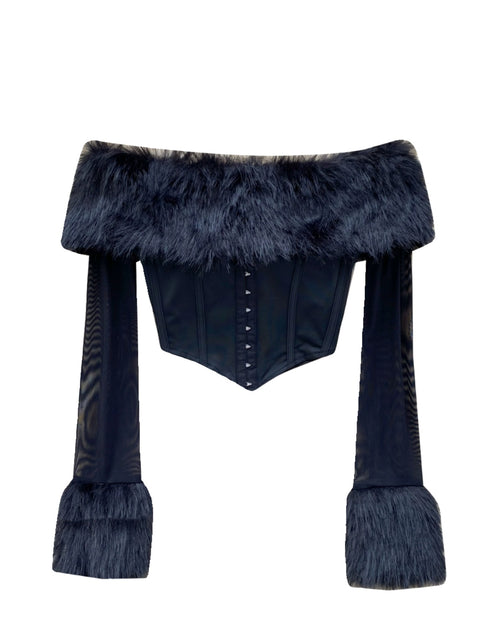 Furry Cuff Off-shoulder Black Top