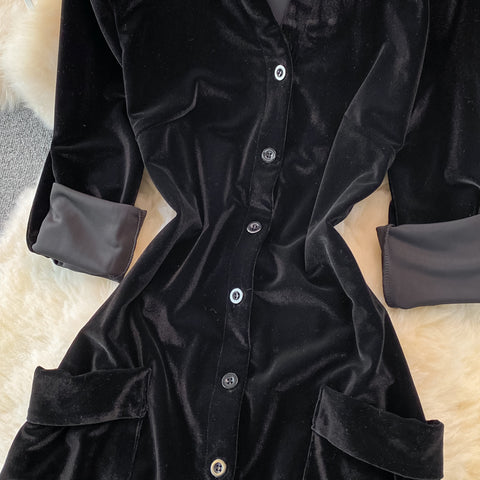 French Style Single-breasted Black Dress