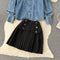 Denim Lapel Jacket&Black Skirt 2Pcs