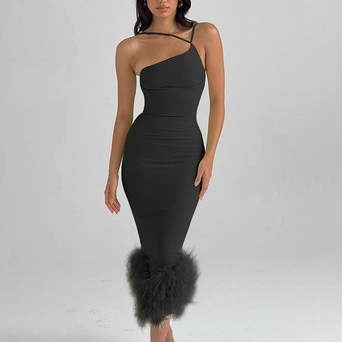 Furry Hem Knitted Hip-wrapping Dress