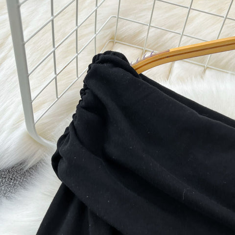 Elegant Slant Collar Pleated Black Dress