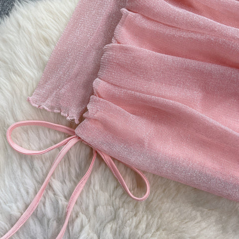 Off-shoulder Pleated Mesh Patchwork Dress