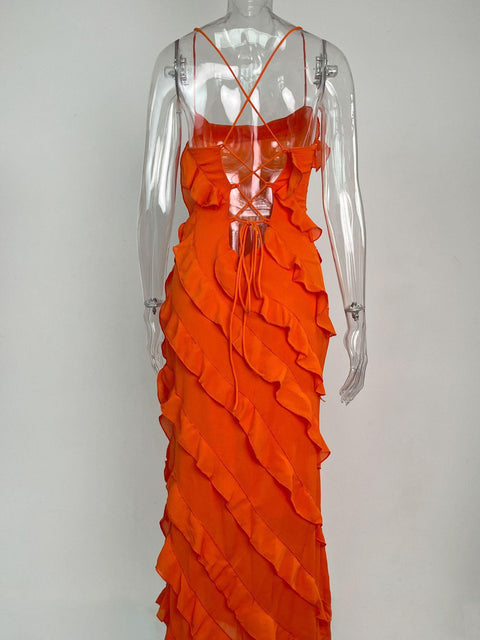 Orange Ruffled Chiffon Slip Dress