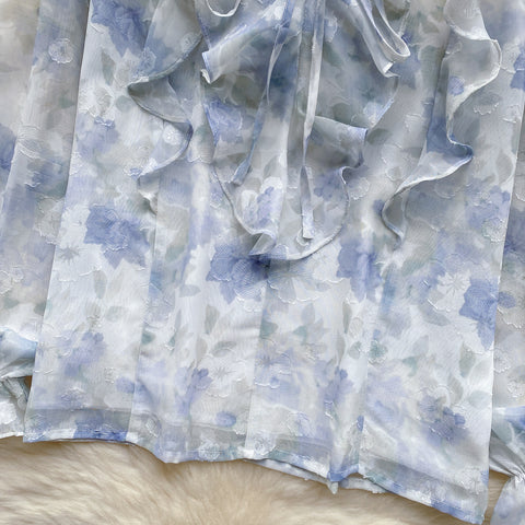 French Style Ruffled Floral Chiffon Shirt