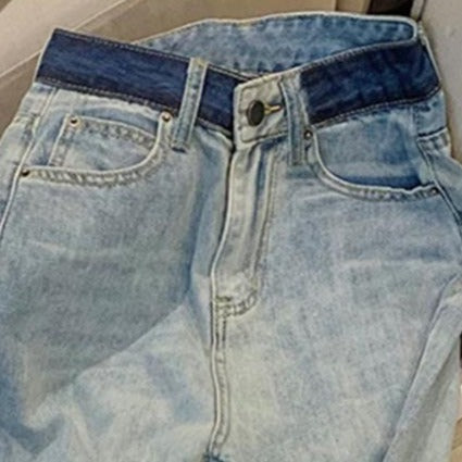 Retro Color-blocking Distressed Straight Jeans