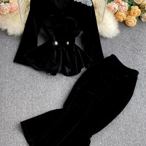 V-neck Suit&Skirt Black Velvet 2Pcs