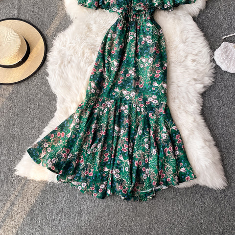 Off-shoulder Pleated Floral Chiffon Dress