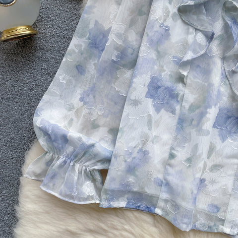 French Style Ruffled Floral Chiffon Shirt