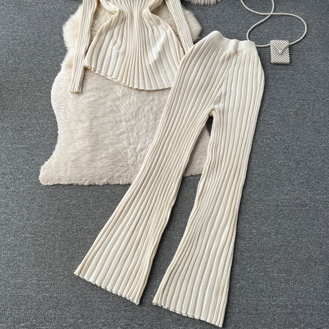 Striped Top&Stretchy Trousers Knitted 2Pcs