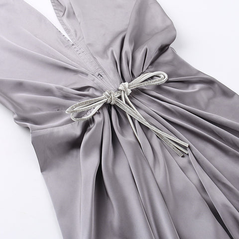 Lace-up Pleated Satin Halter Dress