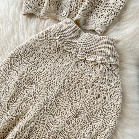 Crochet Sleeveless Cardigan&Trousers Knitted 2Pcs
