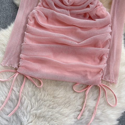 Off-shoulder Pleated Mesh Patchwork Dress