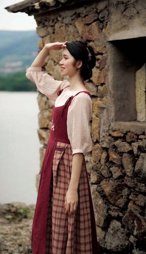 Embroidered Plaid Patchwork Overall Dress